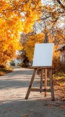 Blank wooden painting easel stand outdoors by the road with beautiful autumn yellow leaves scenery