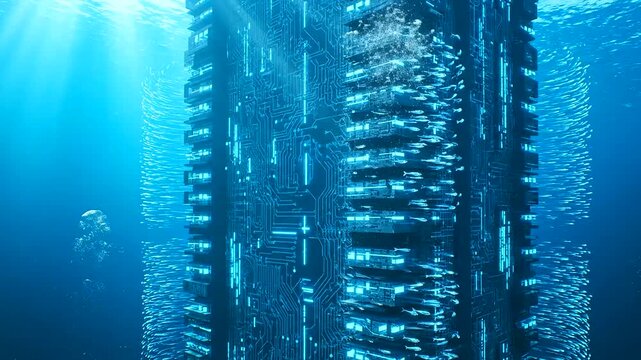 Futuristic underwater city skyscraper with glowing circuits and swimming fish, illustrating the profound Digital Literacy Evolution shaping our connected world.