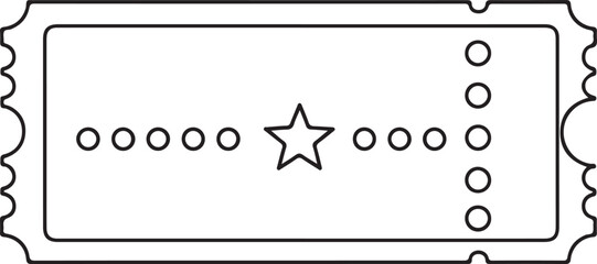 A minimalist black line-art vector of a rectangular ticket featuring a small central star flanked by rows of circles. It represents admission, exclusive rewards, or special event passes.
