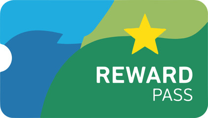 A vibrant digital "REWARD PASS" card featuring organic blue and green flowing shapes. A bright yellow star sits above the clean white text, symbolizing loyalty points and exclusive member benefits.