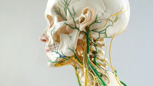 Human skull and neck anatomy model with nerves and vessels