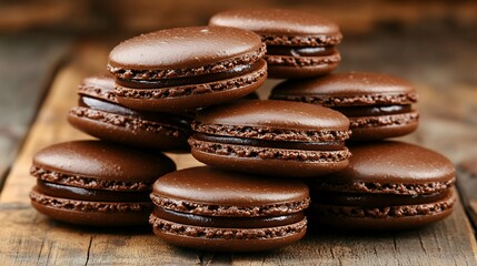 A close up of a decadent stack of dark chocolate macarons