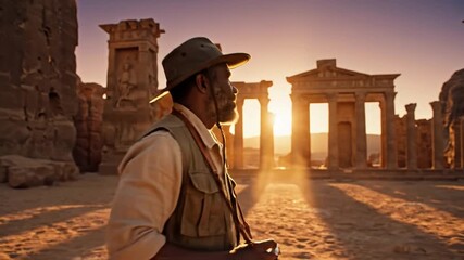 Photographer Capturing Ancient Ruins at Sunset