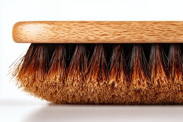 A close up view of a natural wooden brush with brown bristles