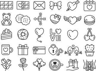 いろいろな、バレンタインアイコン（線画）のスペシャルセット