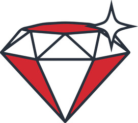 Description: A striking vector of a faceted diamond with bold red accents and a white top. Featuring a clean black outline and a single sparkle, it represents premium luxury, ruby gems, and elite rewa