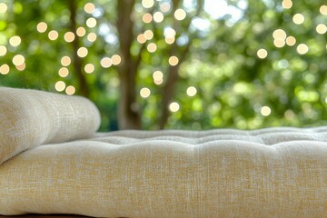 A cozy tufted seat with a blurry sunlit window view