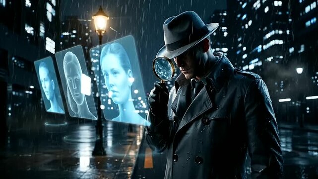 Futuristic detective analyzes holographic facial profiles with a magnifying glass on a rainy night, highlighting the Digital Literacy Evolution in crime solving.