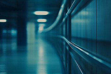 A curving metal railing in a long blue illuminated hallway