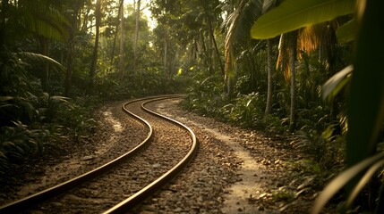 A curving railway track winds through a sunlit forest