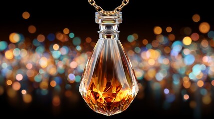 Radiant crystal bottle pendant with amber liquid and bokeh lights