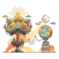 Vibrant illustration of a tree of life connected to the Earth and celestial bodies.