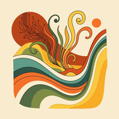 Abstract landscape with flowing lines and organic shapes in warm colors.