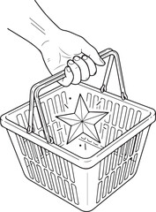 A black and white line drawing of a hand carrying a plastic shopping basket containing a single, large faceted star. A clean illustration representing quality shopping or rewards.