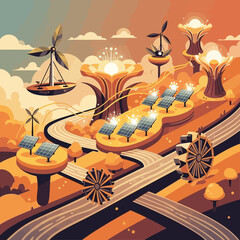 Futuristic eco-friendly city powered by renewable energy sources.