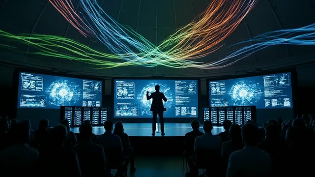 Visionary Speaker Illuminates Big Data and AI Concepts in a High-Tech Presentation, Guiding the Audience Through the Digital Literacy Evolution.