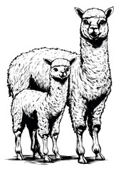Obraz premium Hand drawn line art illustration of an alpaca mother and baby depicting them standing together for animal themes