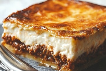 A delicious golden brown slice of layered Greek pastitsio casserole