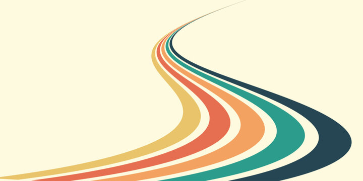 Abstract colorful 70s background vector. Vintage retro wallpaper with rainbow stripes and wavy lines. A 1970 color illustration suitable for posters, banners, decorative items and wall art.