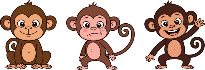 Set of three cute cartoon monkey characters with different expressions and poses for kids design and animal mascots © REYAD