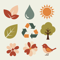 Collection of Nature and Environment Icons with a Bird and Leaves.