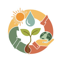 Concept of environmental protection and sustainability with a seedling growing in a hand holding the Earth under the sun and a water drop.