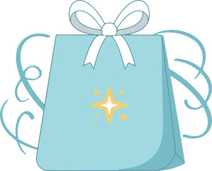 A charming light blue gift bag decorated with a white ribbon bow and a sparkling gold star, representing a special gift, luxury retail, or a festive celebration.