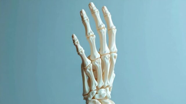 Detailed Human Hand Skeleton Model on Blue Background for Medical Study