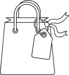 A minimalist line art vector of a shopping bag featuring a gift tag and a decorative ribbon. It symbolizes retail therapy, holiday shopping, personalized gifts, and boutique customer service.
