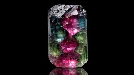 A fractured multicolored tourmaline gemstone on a reflective surface