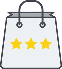A clean, minimalist vector of a light grey shopping bag featuring three yellow stars, representing high-quality retail, customer satisfaction ratings, or a premium loyalty rewards program.
