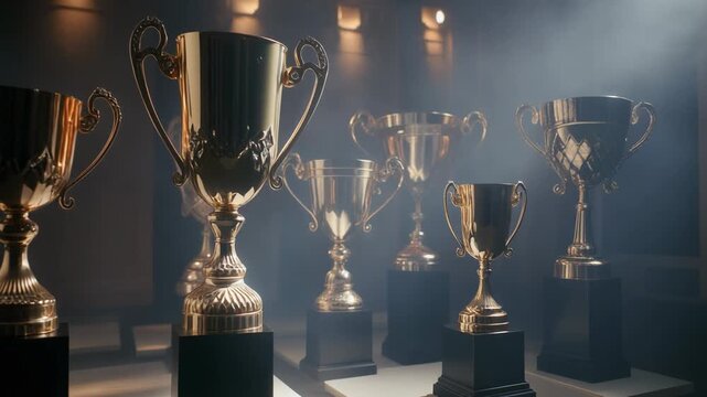 Collection of golden trophies on display in a dimly lit room.