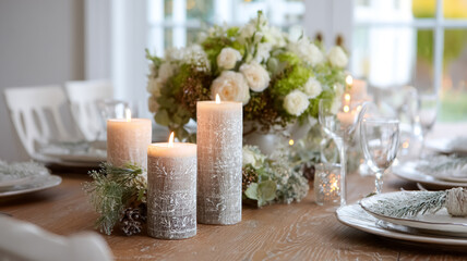 Festive holiday table set with lit candles, frosted pine needles, pine cones, and a luxurious white and green flower arrangement