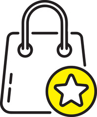 A minimalist line art vector of a shopping bag with a prominent yellow star icon in the foreground. It symbolizes favorite products, premium shopping rewards, and retail loyalty programs.