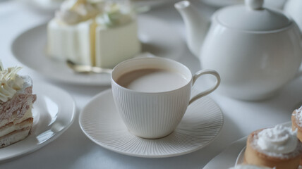 Fototapeta premium White tea set with delicious creamy cakes and sweet pastries creating a delightful afternoon tea experience