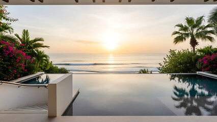 Tropical Infinity Pool with Calm Ocean View at Sunset