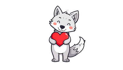 Obraz premium Cartoon Wolf Holding a Red Heart Symbolizing Love and Affection in Pixel Art Style Isolated on Transparent Background