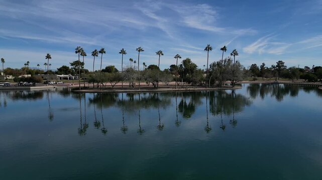 chaparral park scottsdale arizona aerial view palm trees lake (phenix az southwest travel mountains view background) south mountain southwest travel reflection pond water beauty nature hike urban walk