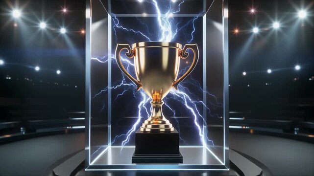 Golden trophy in a glass case with electric lightning on a stage.