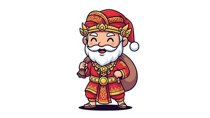Jovial cartoon character blending Santa Claus with traditional festive attire, embodying a unique global holiday spirit and cultural celebration through colorful design