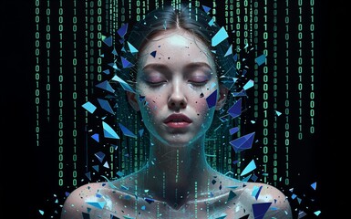 Digital woman with shattered face, binary code background, futuristic cyberpunk aesthetic.