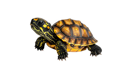 Fototapeta premium Close Up Shot of a Turtle Isolated on Black Background with Yellow and Orange Patterns