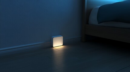 A glowing cube night light sits on the floor in a bedroom