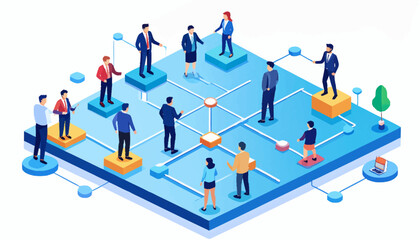 Isometric illustration of a modern business team collaborating on a digital network platform, representing workflow, communication, and connectivity in a corporate environment