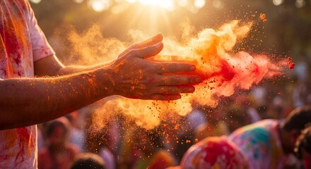 Obraz premium Hands are seen tossing vibrant colored powders into the air, capturing the essence of the Holi festival, surrounded by a joyful crowd celebrating with bright colors and festive atmosphere