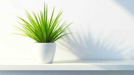 A green potted plant casts a shadow on a white minimalist wall