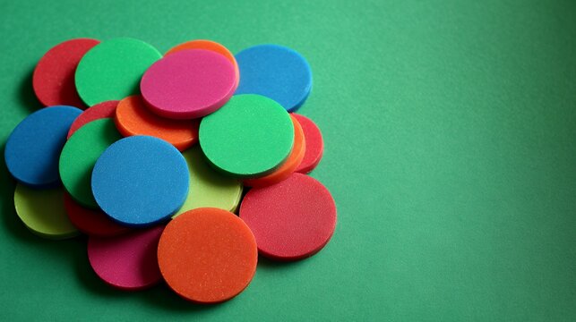 A handful of colorful round counters scattered on green