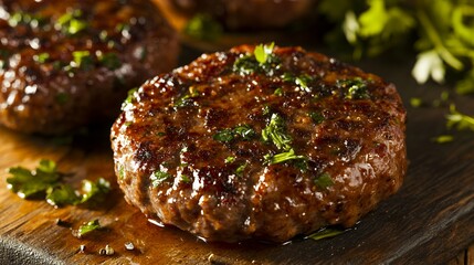 A juicy meat patty with fresh herb garnish close up