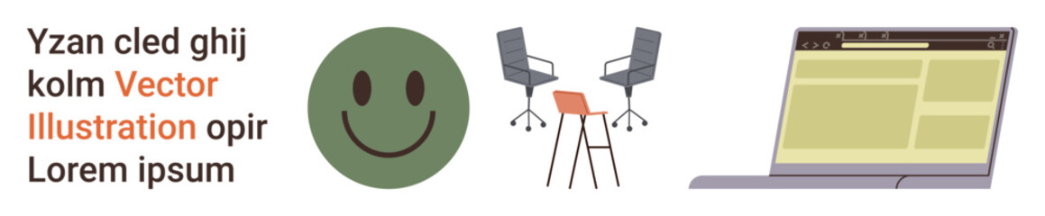 Fototapeta premium Communication, workspace design, digital tools, remote work, content organization, creative collaboration. Green happy face, chairs and desk and a laptop screen. Communication and workspace design