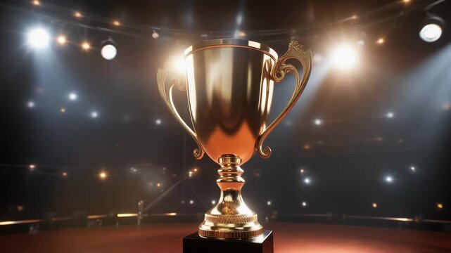 Golden trophy on a stage with spotlights shining down.